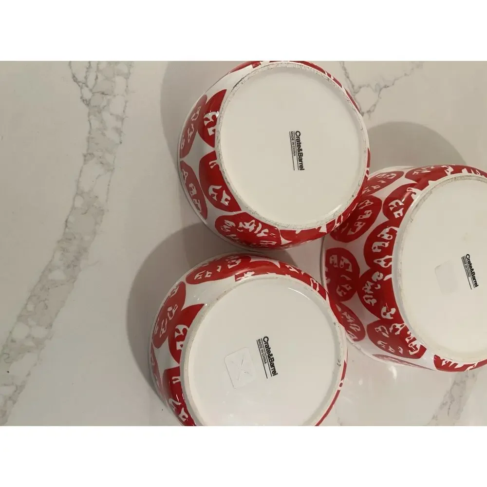 Crate & Barrel set of 3 Ceramic Red‎ & White Pattern Nesting Bowl Serving Set